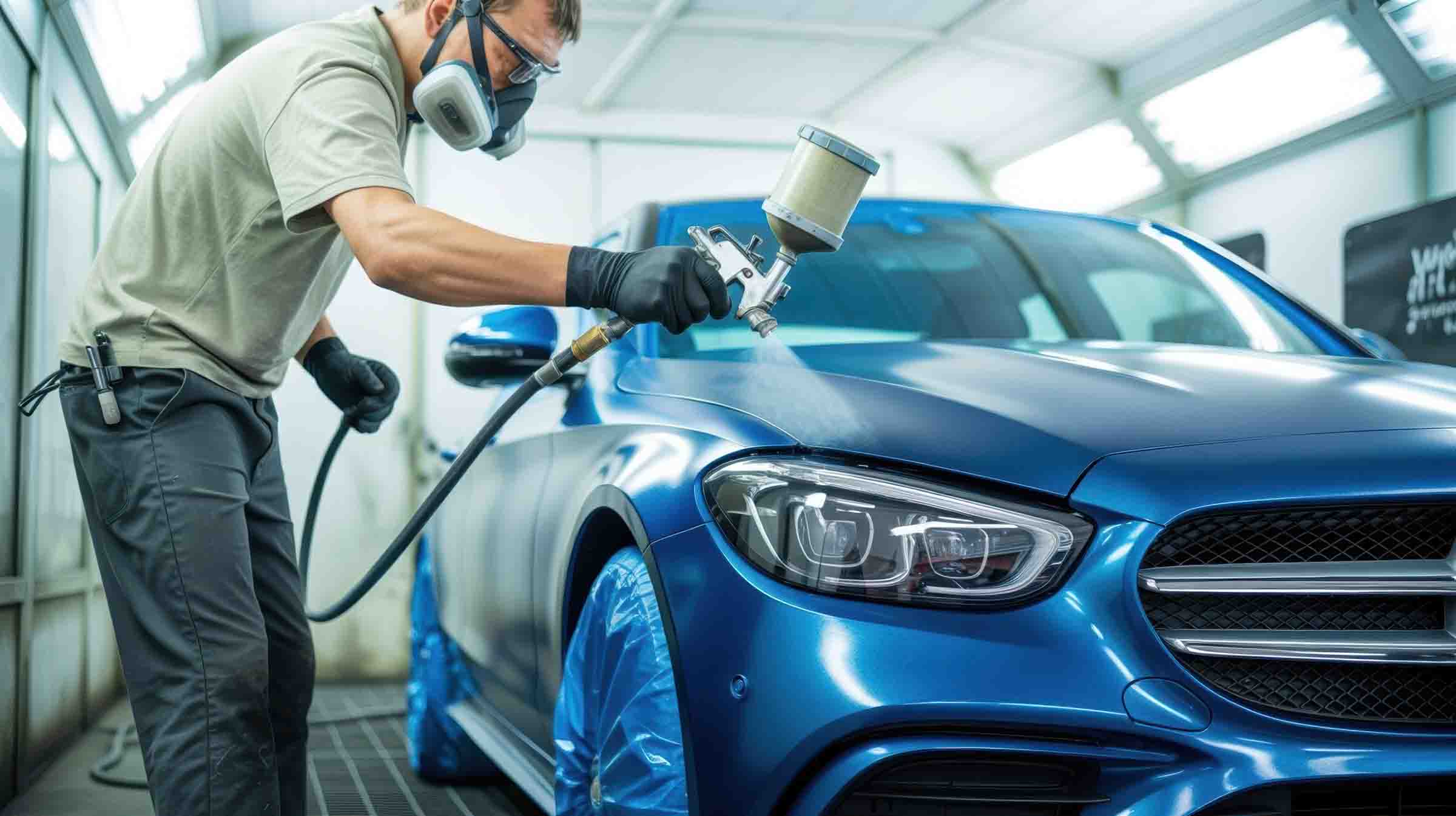 i-car certified painter spraying blue bmw in booth - hi tech auto collision & repair