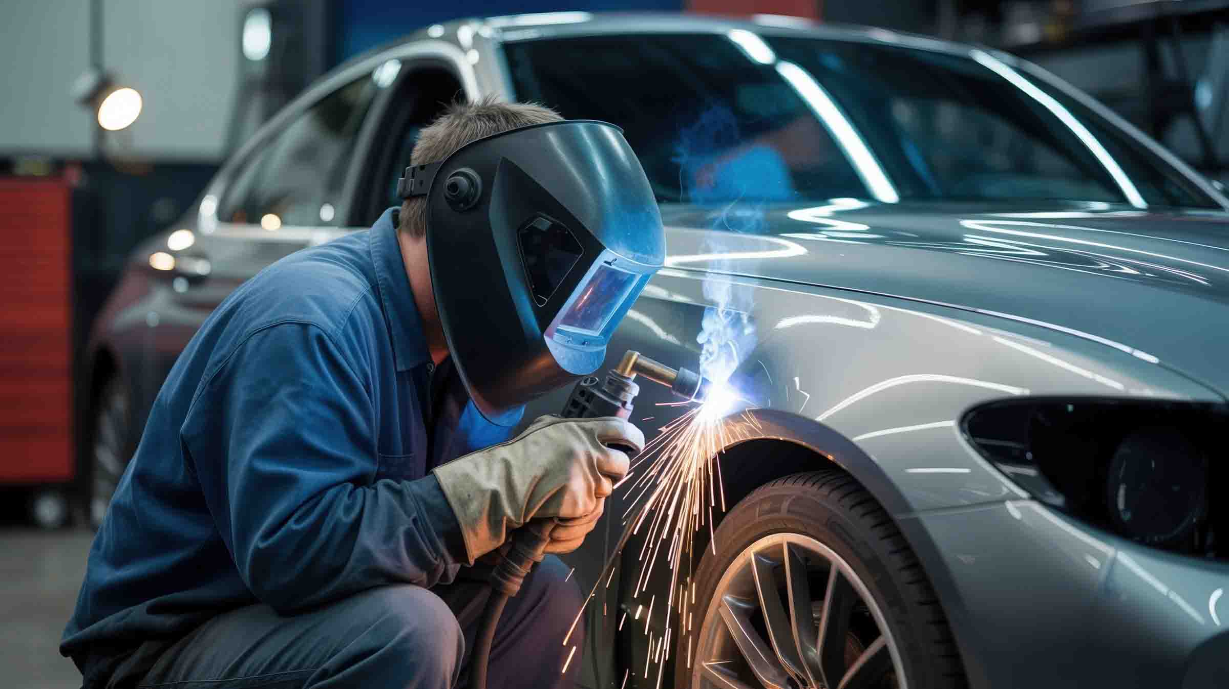 i-car certified technician welding fender of silver sedan - hi tech auto collision & repair