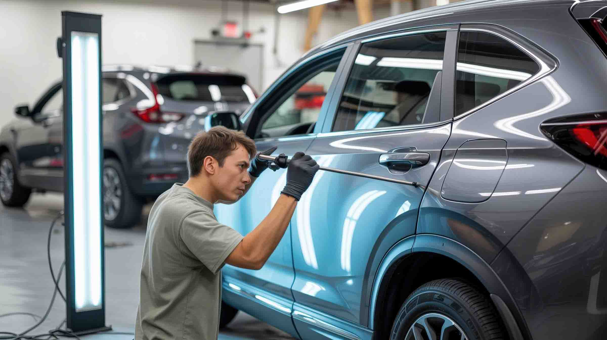 i-car certified technician performing paintless dent repair on door of suv - hi tech auto collision & repair