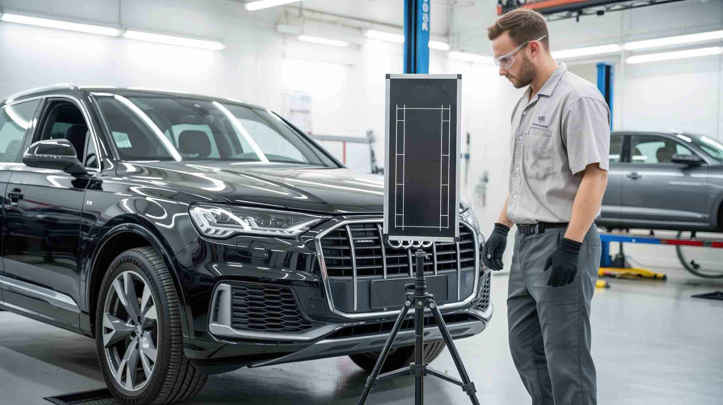 i-car certified technician performing adas calibration on black audi suv - hi tech auto collision & repair