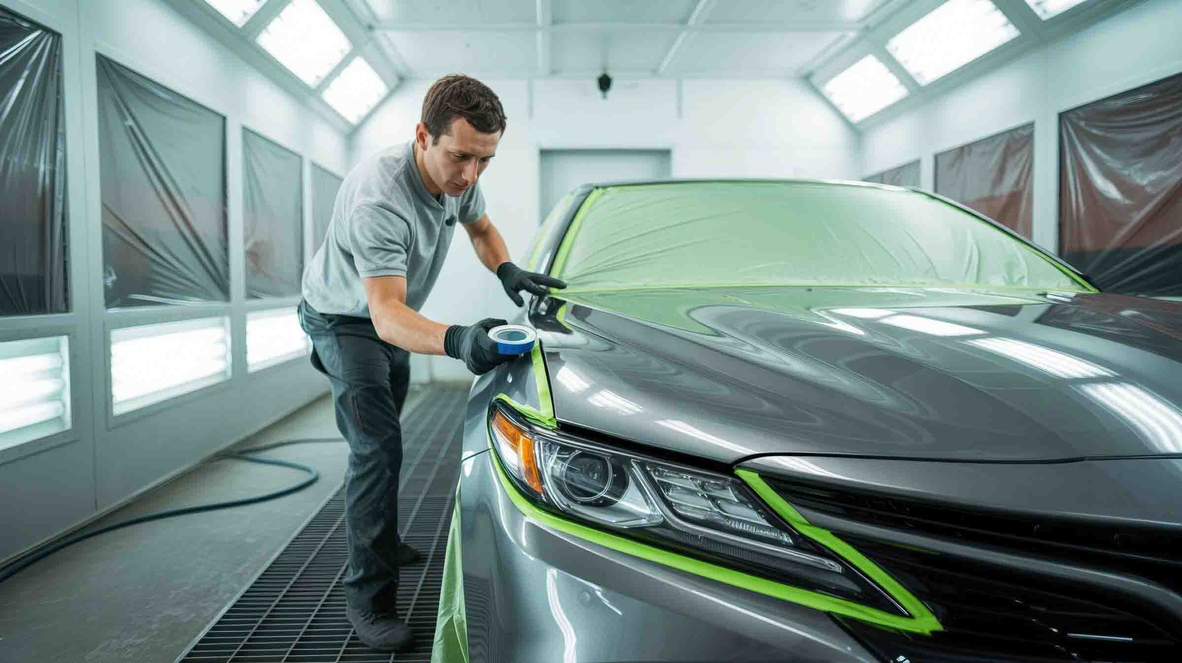 auto body shop paint tech masking silver sedan to prep for paint work – auto paint repair – hi tech auto collision & repair auto body shop paint tech masking silver sedan to prep for paint work - auto paint repair - hi tech auto collision & repair
