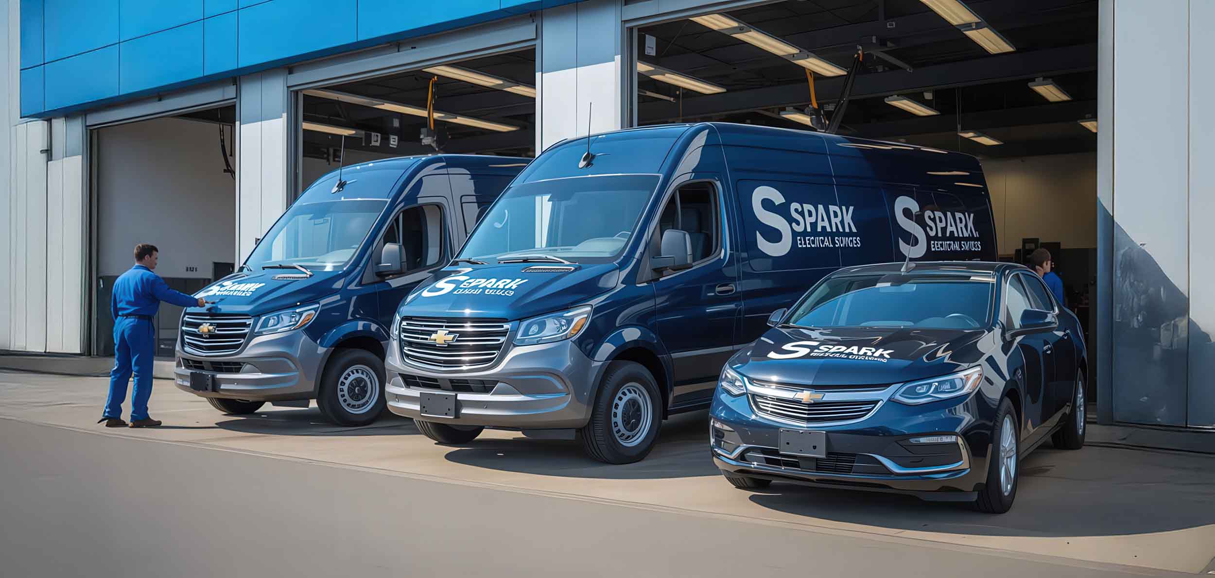 Fleet vehicles lined up in front of shop doors for fleet vehicle repair - collision repair services - hi tech auto collision & repair 
