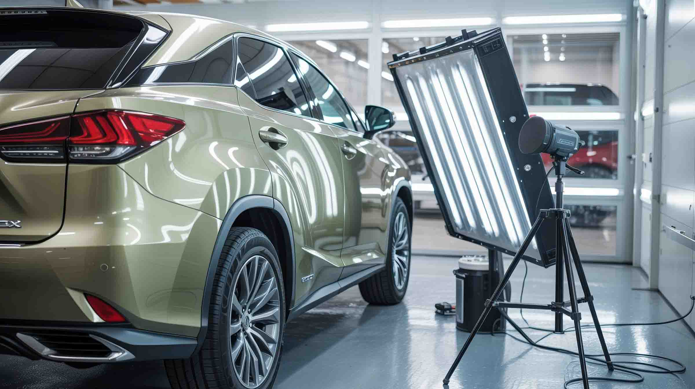 Green lexus suv with lights on it in shop prepared for paintless dent repair - collision repair services - hi tech auto collision & repair 