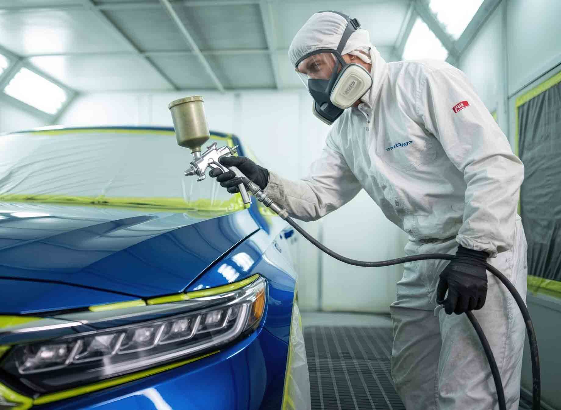 I-CAR certified paint technician spraying blue sedan in booth - Hi tech auto collision & repair 