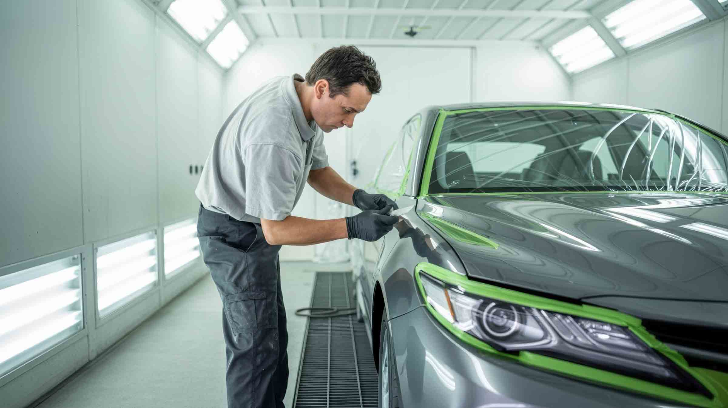 Paint tech in booth prepping silver toyota sedan for paint - collision repair services - hi tech auto collision & repair 