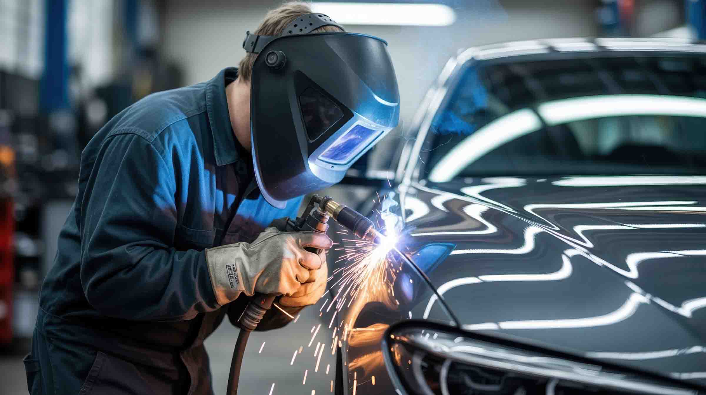 technician in protective gear with welding helmet on repairing fender of silver bmw sedan - collision repair services - hi tech auto collision & repair 