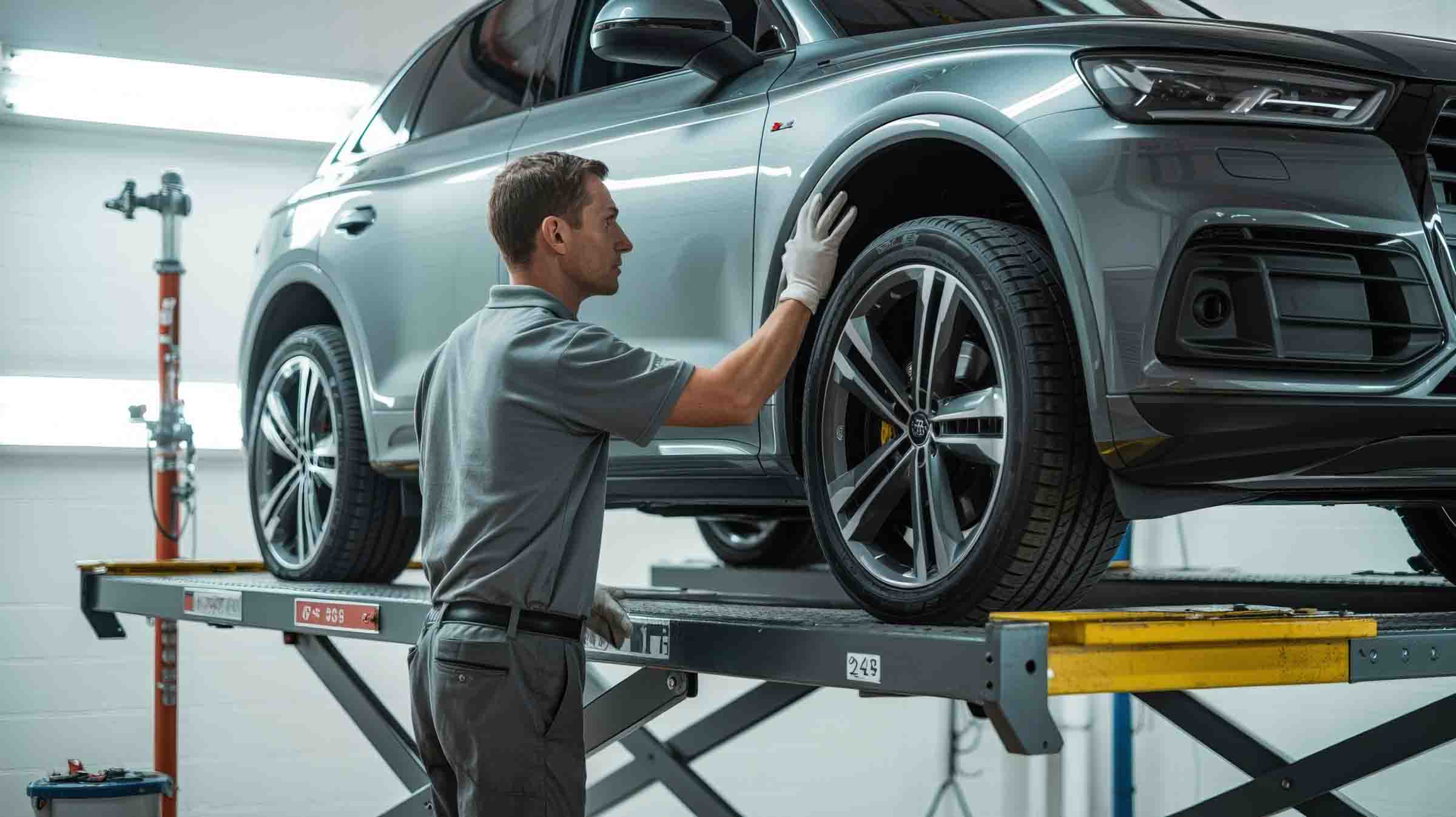i-car certified technician performing frame repair on audi suv - hi tech auto collision & repair