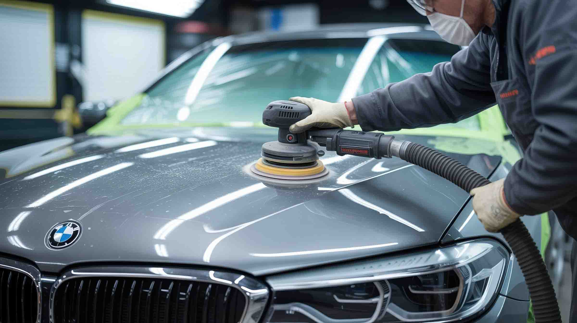 technician using orbital on hood of silver bmw - collision repair services - hi tech auto collision & repair 
