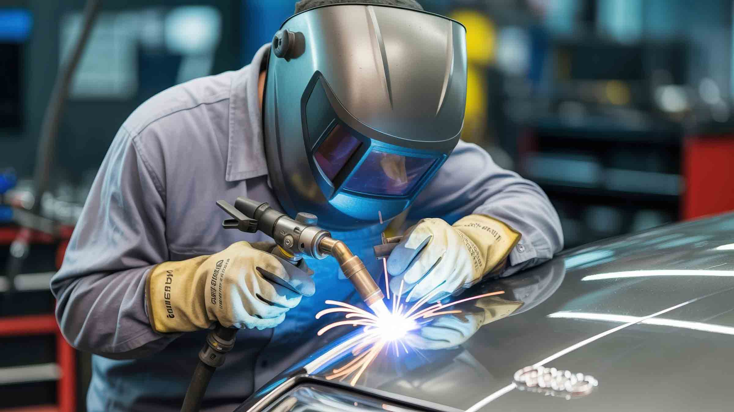 technician using welder on hood of audi vehicle - collision repair services - hi tech auto collision & repair 
