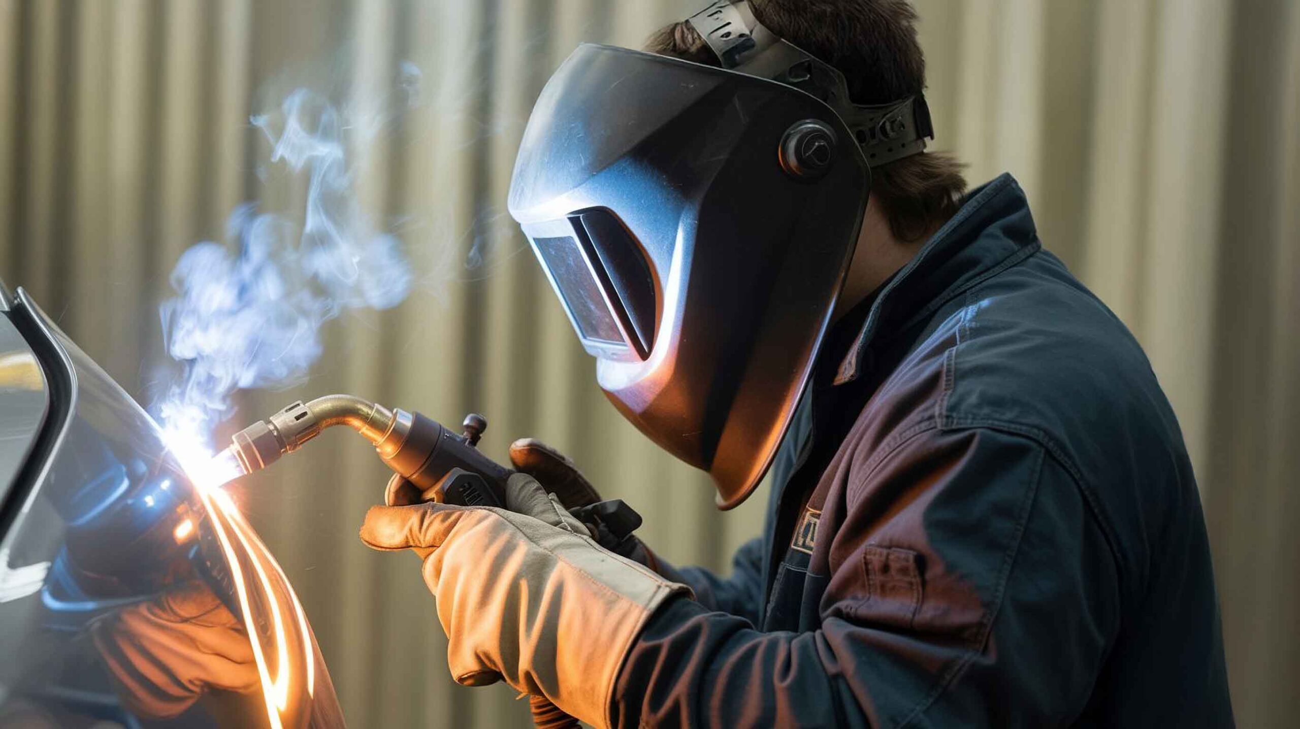 Technician welding vehicle with protective gear on - hi tech auto collision and repair 