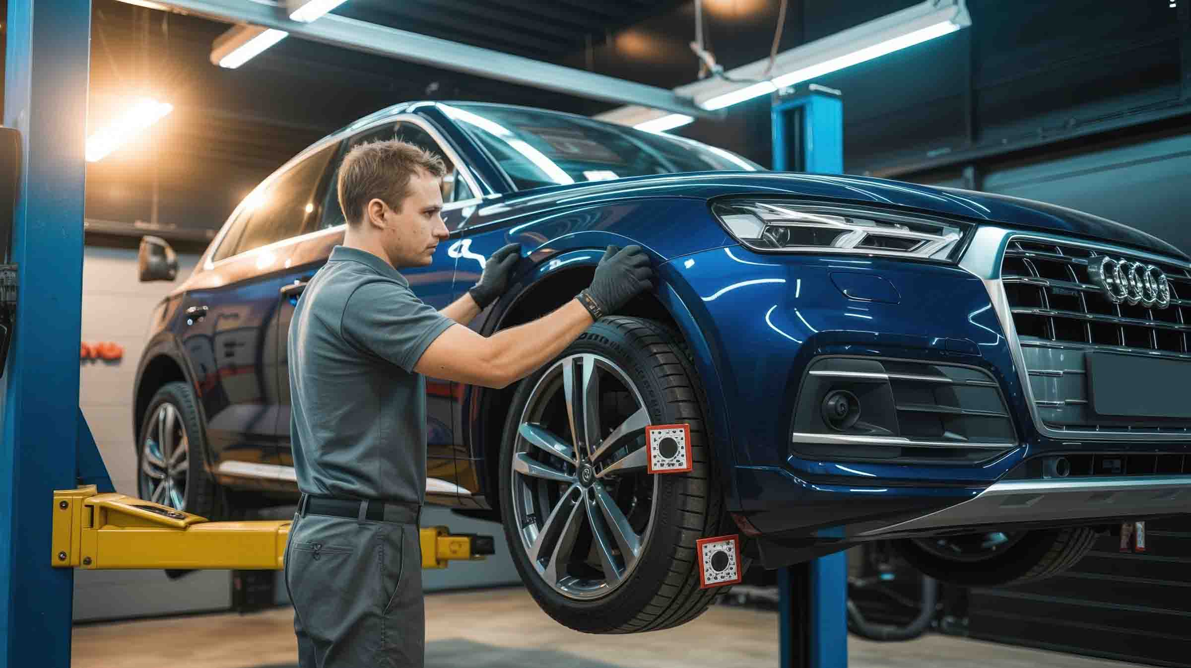 Technician working on fender of blue audi sedan on lift – auto body repair – hi tech auto collision & repair Technician working on fender of blue audi sedan on lift - auto body repair - hi tech auto collision & repair