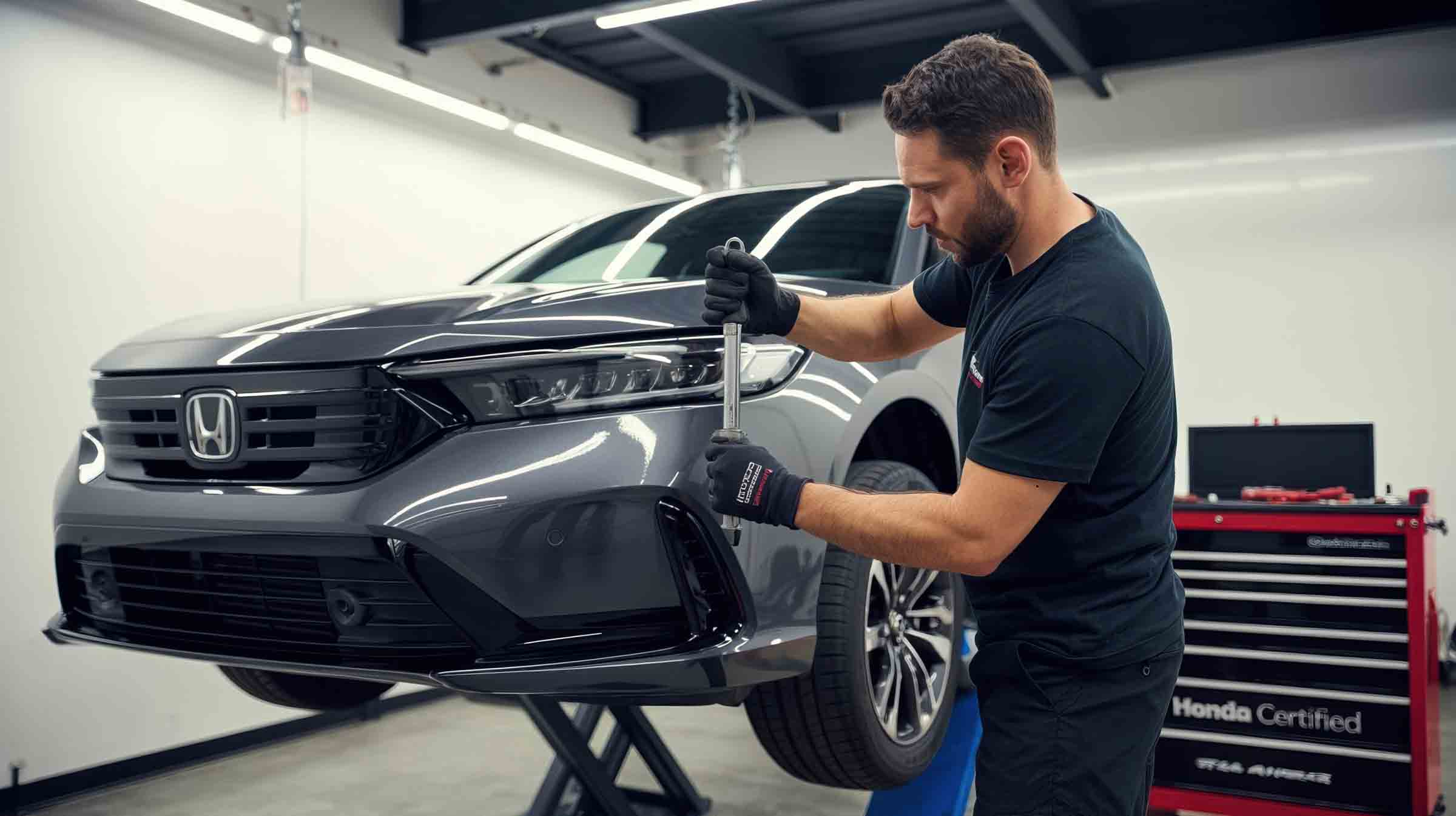 Technician working on honda sedan front bumper on lift – auto body repair – hi tech auto collision & repair Technician working on honda sedan front bumper on lift - auto body repair - hi tech auto collision & repair