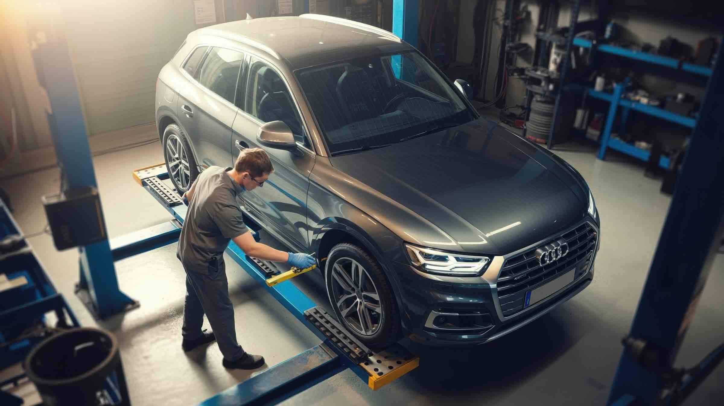 technician working on silver audi suv on lift – auto body repair – hi tech auto collision & repair technician working on silver audi suv on lift - auto body repair - hi tech auto collision & repair