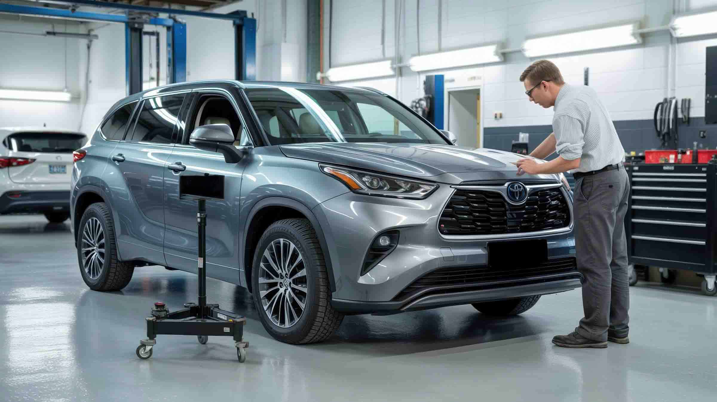 auto body collision repair-7 technician performing adas repair on silver toyota suv - hi tech collision & repair